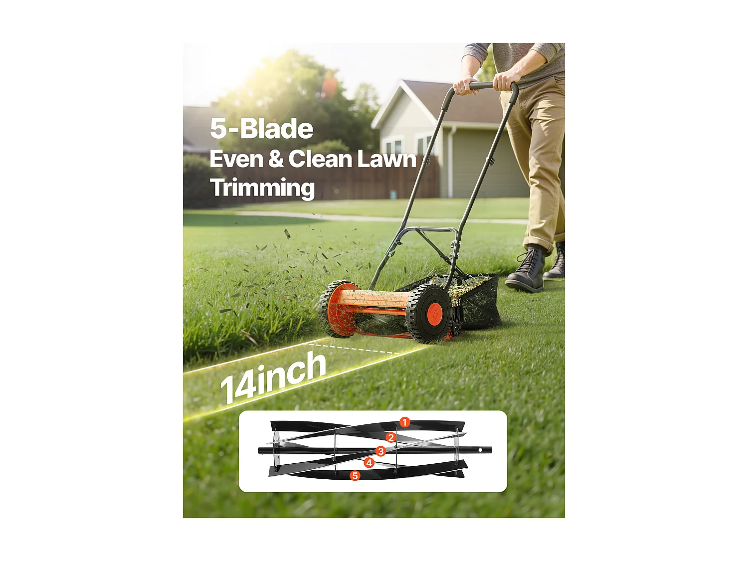 Tondeuse à Gazon SucceBuy Manuelle, Largeur de Coupe 35cm, 5 Lames en Acier, Hauteur de Coupe Ajustable de 1.5 à 4.5 cm, Équipée d'un Bac de Ramassage