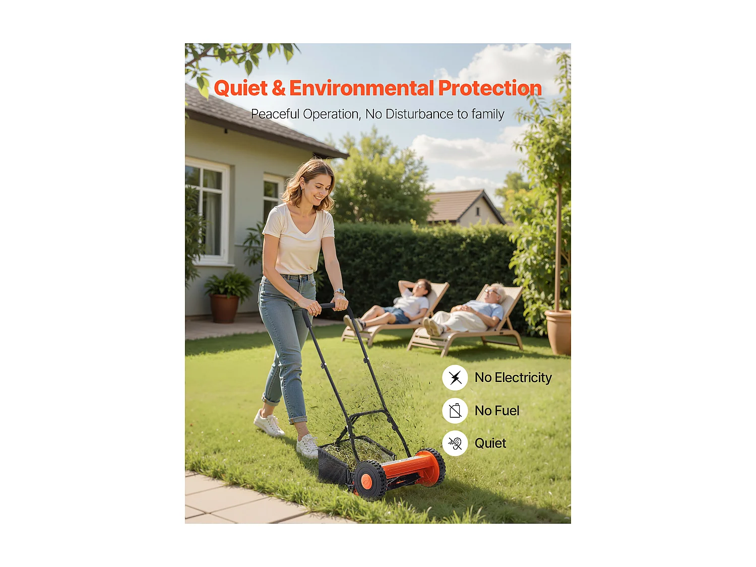 Tondeuse à Gazon SucceBuy Manuelle, Largeur de Coupe 35cm, 5 Lames en Acier, Hauteur de Coupe Ajustable de 1.5 à 4.5 cm, Équipée d'un Bac de Ramassage