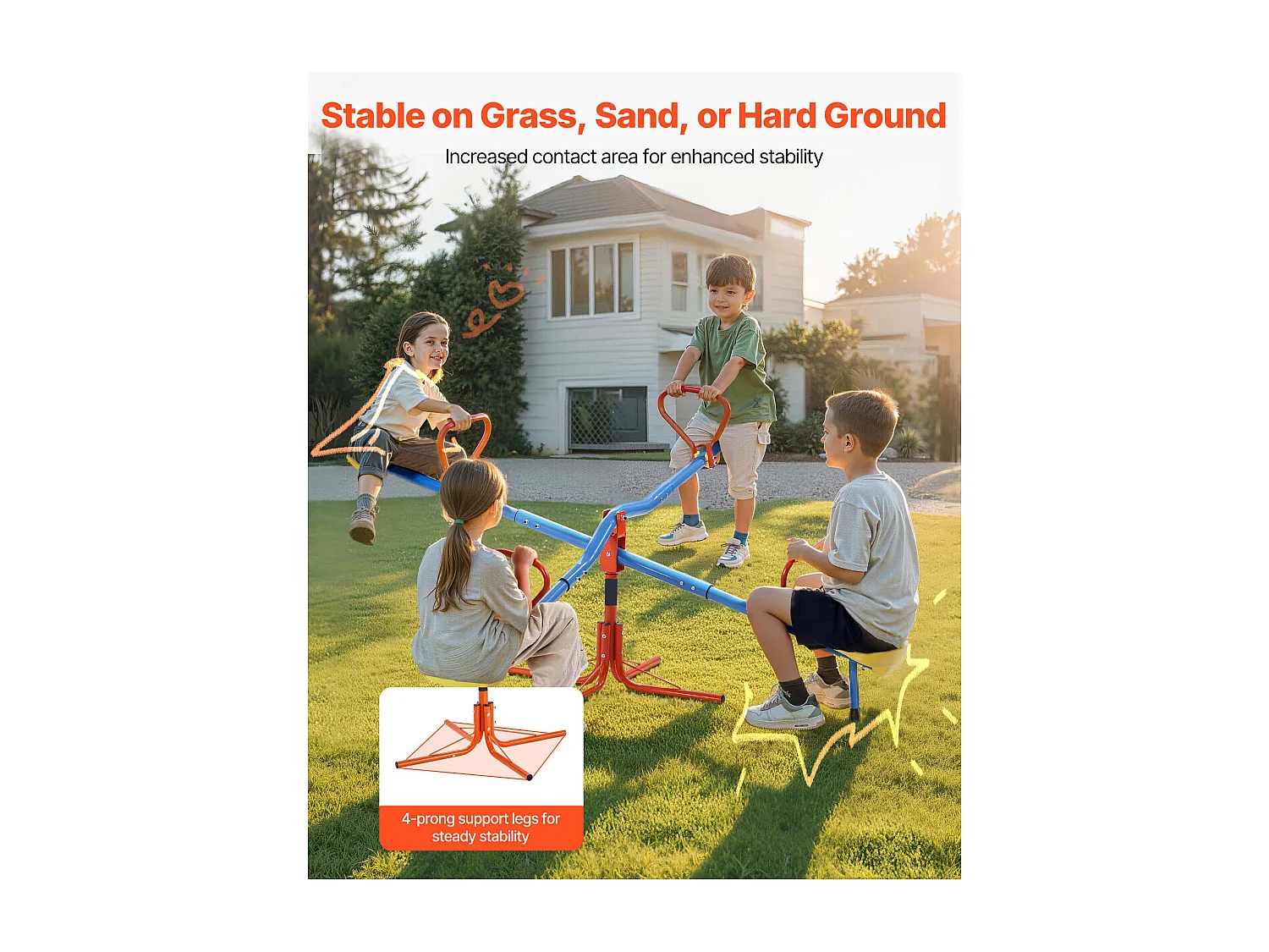 Balançoire à Bascule SucceBuy pour Enfants, Capacité de 49,9 kg par Siège, Équipée de Poignées Ergonomiques, Pieds de Support à 4 Branches, Rotation à 360°