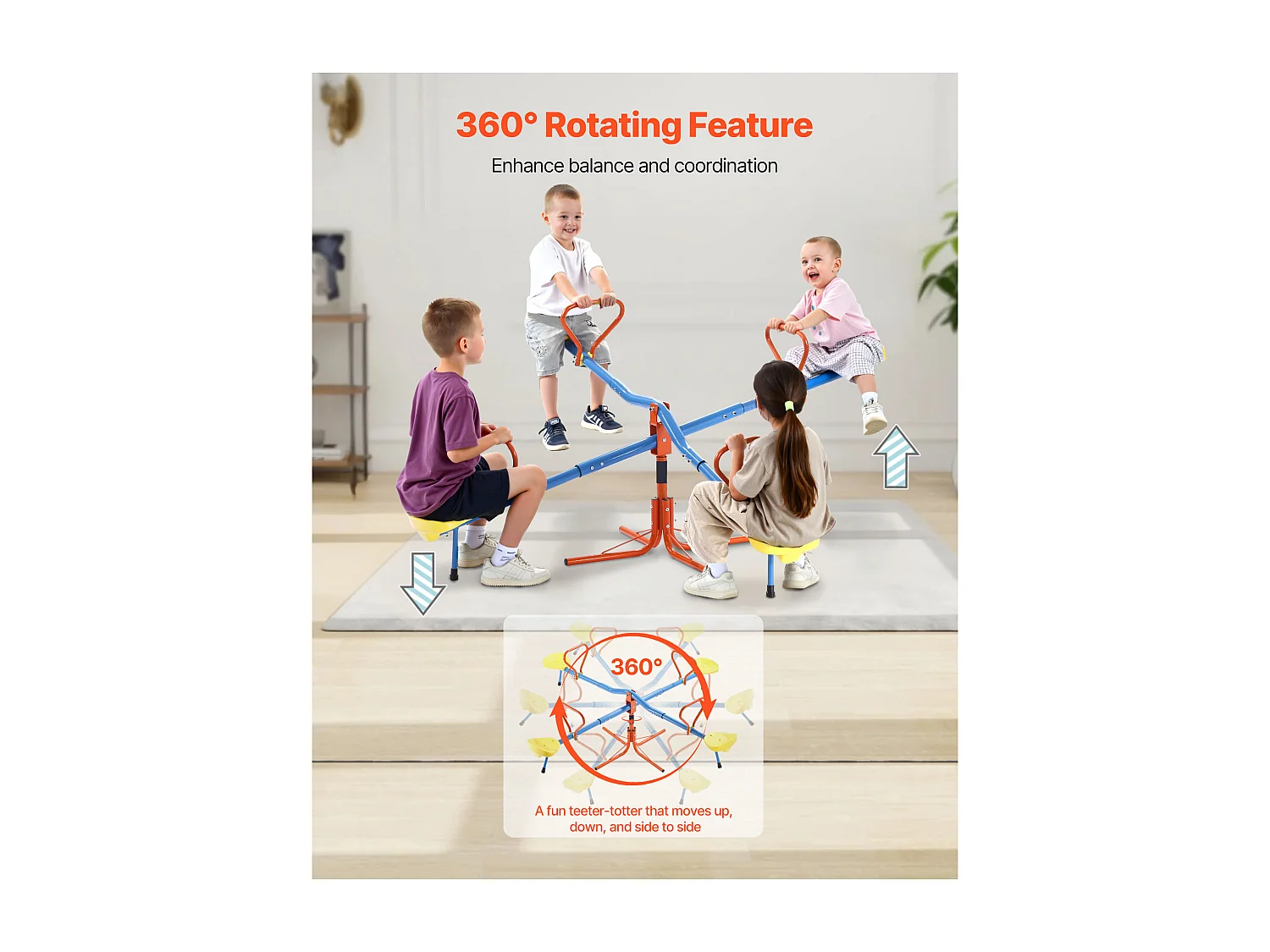 Balançoire à Bascule SucceBuy pour Enfants, Capacité de 49,9 kg par Siège, Équipée de Poignées Ergonomiques, Pieds de Support à 4 Branches, Rotation à 360°