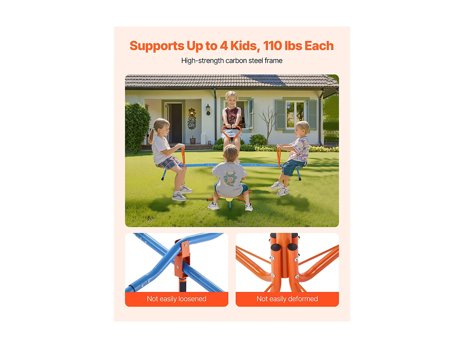 Balançoire à Bascule SucceBuy pour Enfants, Capacité de 49,9 kg par Siège, Équipée de Poignées Ergonomiques, Pieds de Support à 4 Branches, Rotation à 360°