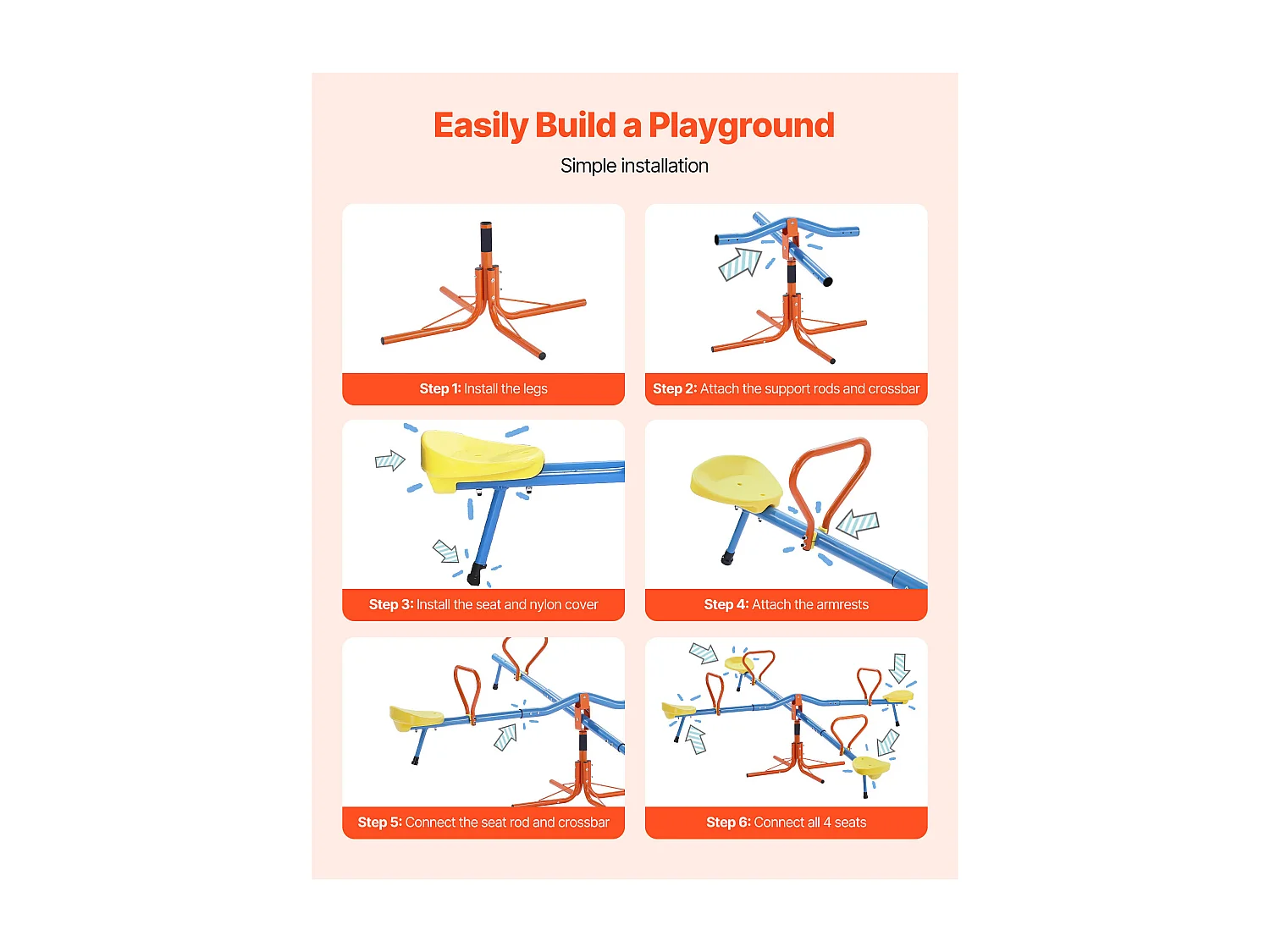 Balançoire à Bascule SucceBuy pour Enfants, Capacité de 49,9 kg par Siège, Équipée de Poignées Ergonomiques, Pieds de Support à 4 Branches, Rotation à 360°