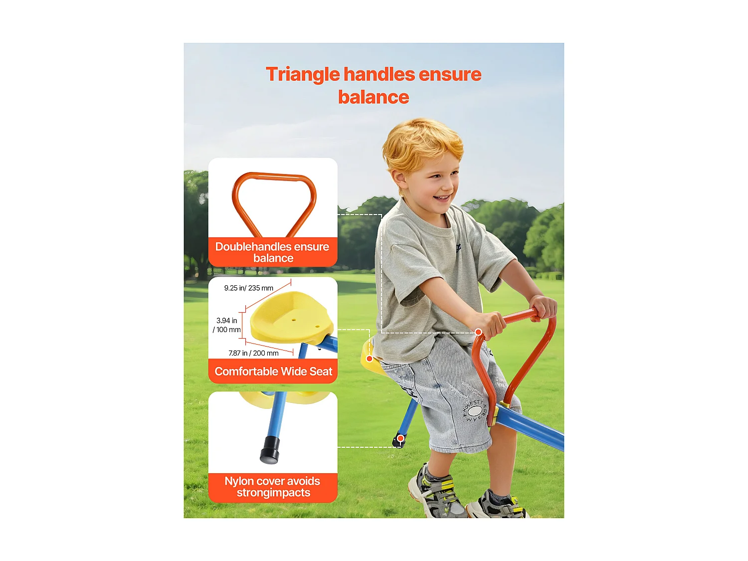 Balançoire à Bascule SucceBuy pour Enfants, Capacité de 49,9 kg par Siège, Équipée de Poignées Ergonomiques, Pieds de Support à 4 Branches, Rotation à 360°