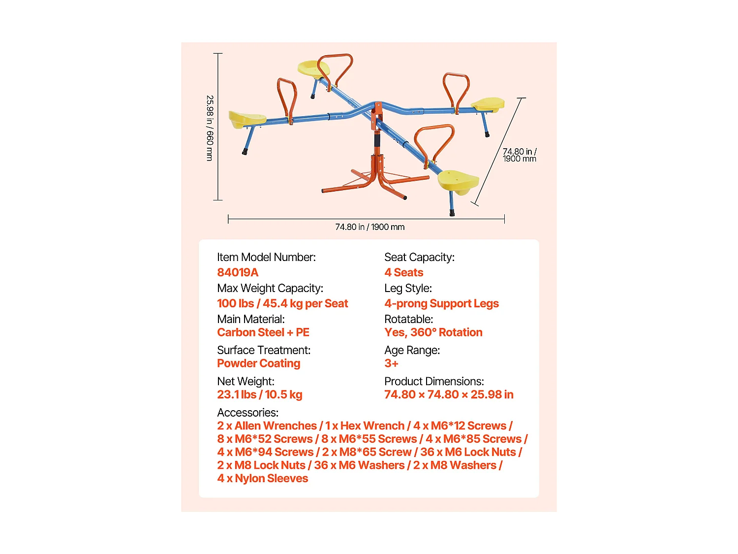 Balanço de Gangorra SucceBuy para Crianças, Capacidade 49,9 kg por Assento, Equipado com Alças Ergonômicas, Pés de Suporte de 4 Ramos, Rotação 360°