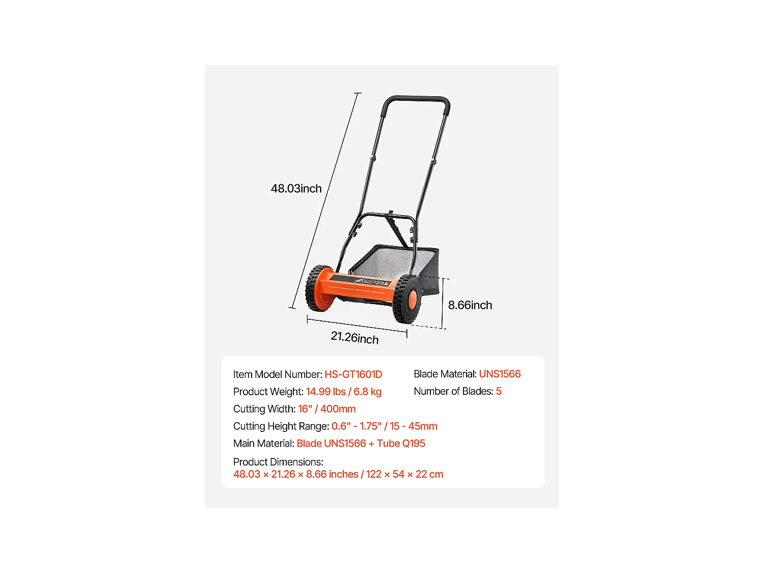 Tondeuse à Gazon SucceBuy Manuelle, Largeur de Coupe 40cm, Équipée de 5 Lames en Acier, sans Moteur, Hauteur de Coupe Ajustable de 1.5 à 4.5 cm
