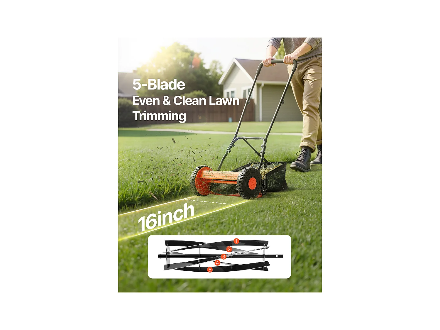Tondeuse à Gazon SucceBuy Manuelle, Largeur de Coupe 40cm, Équipée de 5 Lames en Acier, sans Moteur, Hauteur de Coupe Ajustable de 1.5 à 4.5 cm