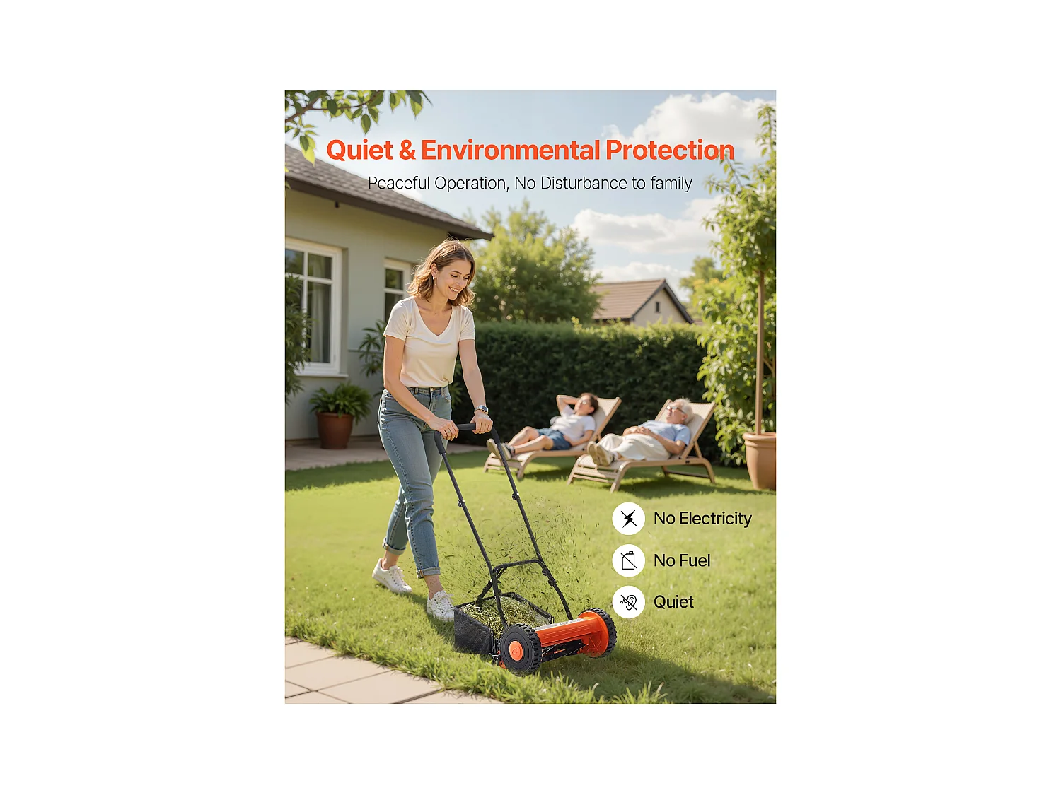 Tondeuse à Gazon SucceBuy Manuelle, Largeur de Coupe 40cm, Équipée de 5 Lames en Acier, sans Moteur, Hauteur de Coupe Ajustable de 1.5 à 4.5 cm