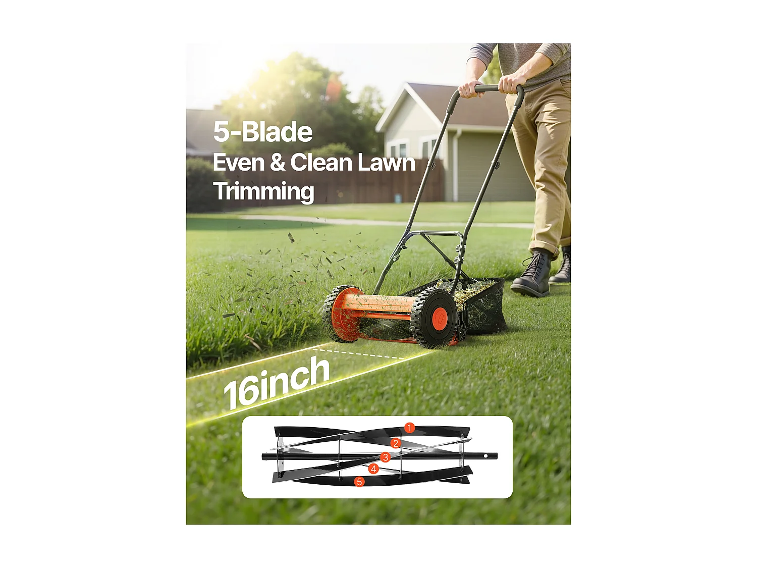 Tondeuse à Gazon SucceBuy Manuelle, Largeur de Coupe 40cm, Équipée de 5 Lames en Acier, sans Moteur, Hauteur de Coupe Ajustable de 1.5 à 4.5 cm