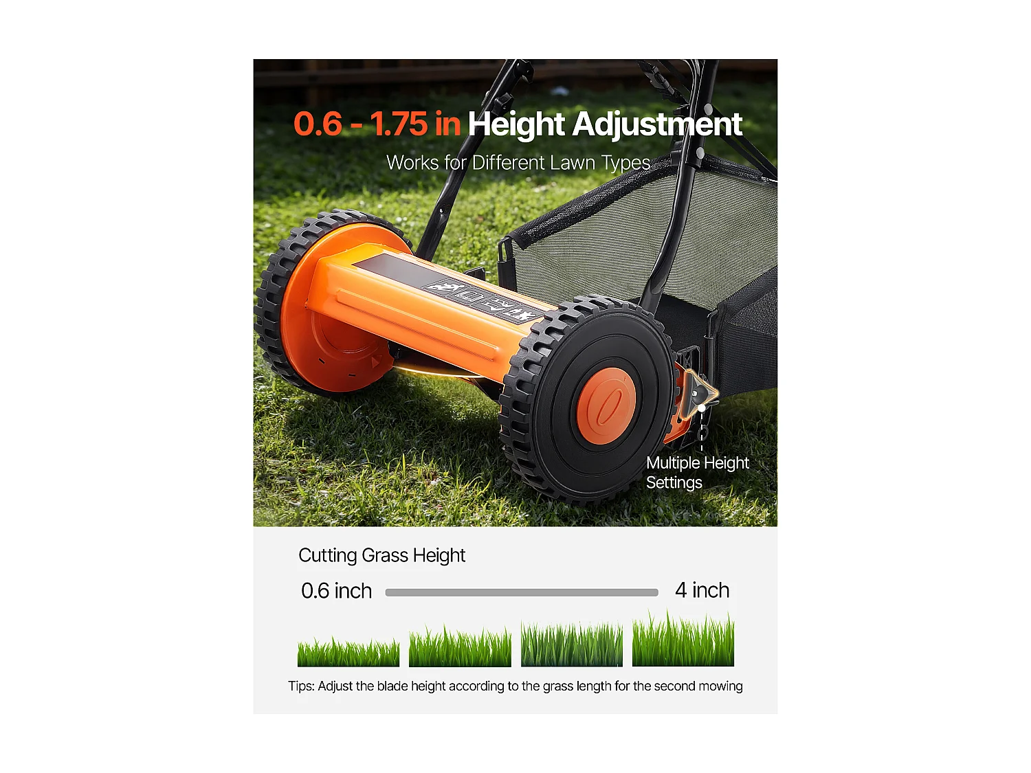 Tondeuse à Gazon SucceBuy Manuelle, Largeur de Coupe 40cm, Équipée de 5 Lames en Acier, sans Moteur, Hauteur de Coupe Ajustable de 1.5 à 4.5 cm