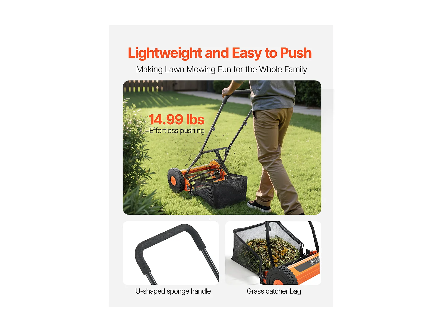 Tondeuse à Gazon SucceBuy Manuelle, Largeur de Coupe 40cm, Équipée de 5 Lames en Acier, sans Moteur, Hauteur de Coupe Ajustable de 1.5 à 4.5 cm