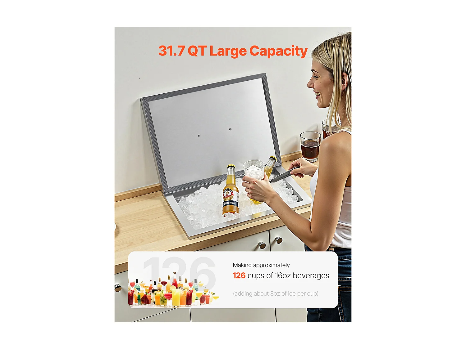 Glacière Encastrable SucceBuy en Acier Inoxydable, 50,8 x 35,5 x 30,6 cm, Bac à Glace Commercial de 30 L pour l'Extérieur, pour Vin et Bière Frais