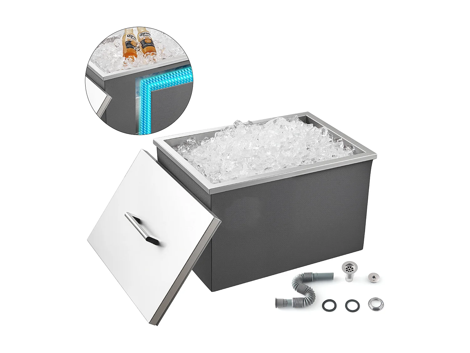 Glacière Encastrable SucceBuy en Acier Inoxydable, 50,8 x 35,5 x 30,6 cm, Bac à Glace Commercial de 30 L pour l'Extérieur, pour Vin et Bière Frais