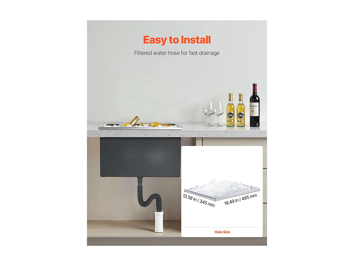 Glacière Encastrable SucceBuy en Acier Inoxydable, 50,8 x 35,5 x 30,6 cm, Bac à Glace Commercial de 30 L pour l'Extérieur, pour Vin et Bière Frais