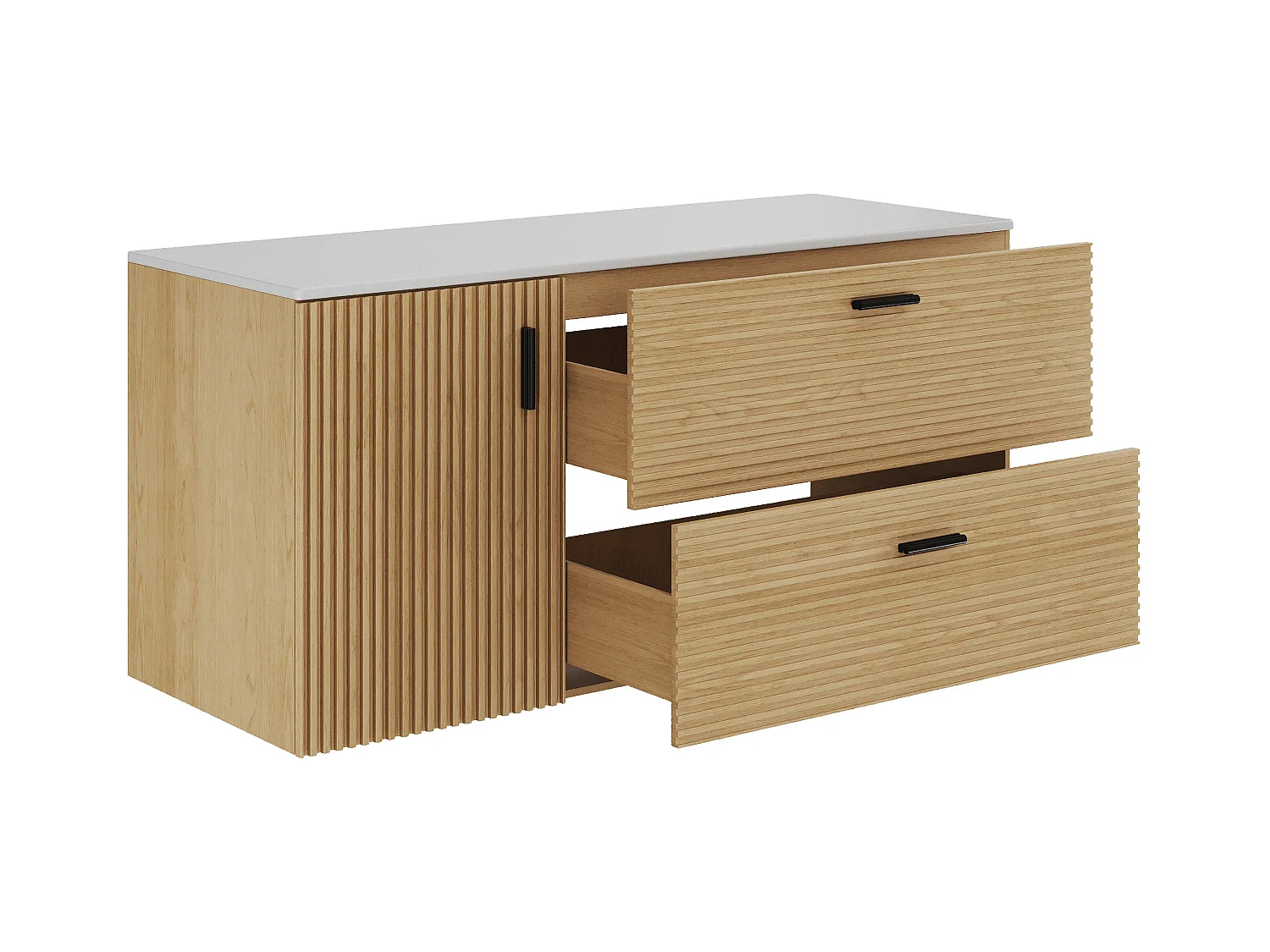 Meuble sous vasque suspendu strié avec planche - 1 porte et 2 tiroirs - Naturel clair - 120 cm - SARONE