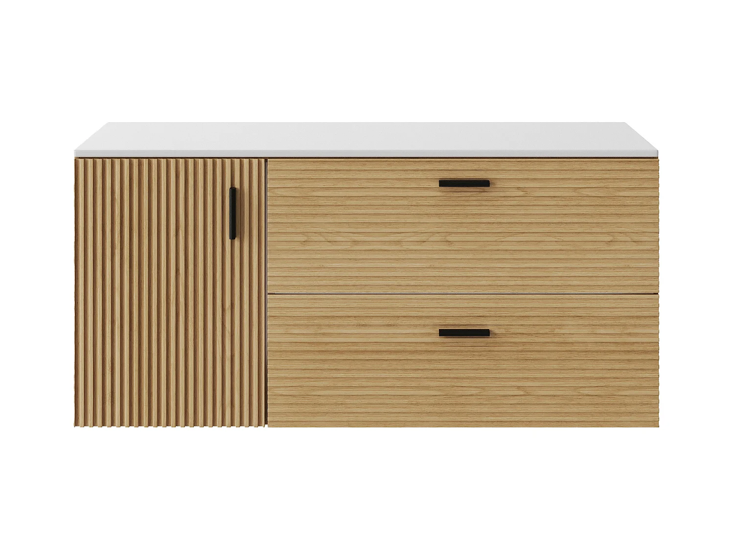 Meuble sous vasque suspendu strié avec planche - 1 porte et 2 tiroirs - Naturel clair - 120 cm - SARONE