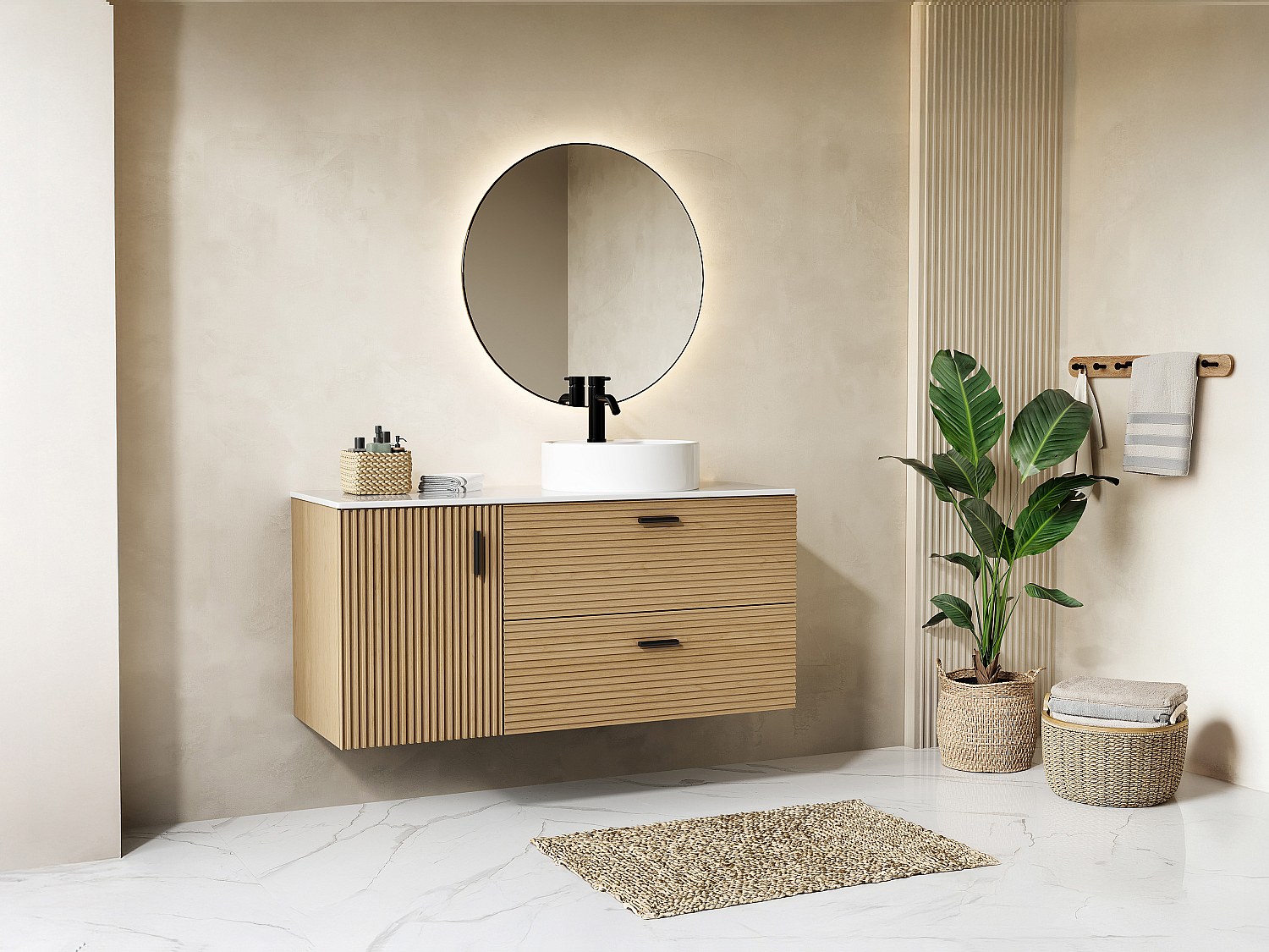 Badezimmermöbel geriffelt hängend auf Füßen mit Ablageplatte - 1 Tür und 2 günstig online kaufen