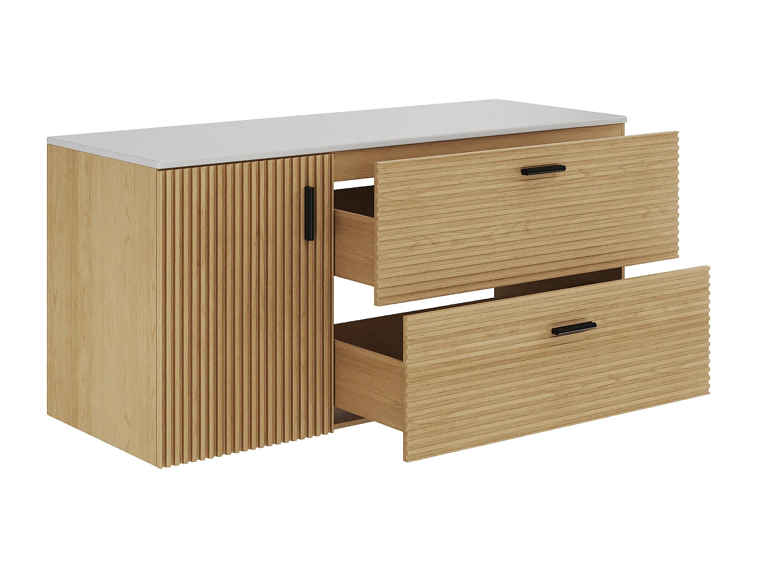 Meuble sous vasque suspendu strié avec planche - 1 porte et 2 tiroirs - Naturel clair - 120 cm - SARONE