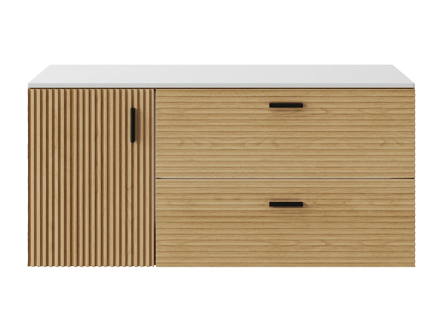 Meuble sous vasque suspendu strié avec planche - 1 porte et 2 tiroirs - Naturel clair - 120 cm - SARONE