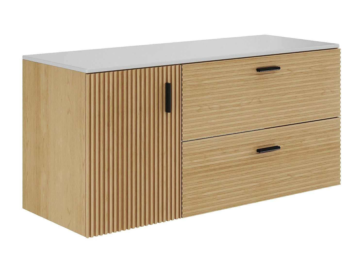 Meuble sous vasque suspendu strié avec planche - 1 porte et 2 tiroirs - Naturel clair - 120 cm - SARONE