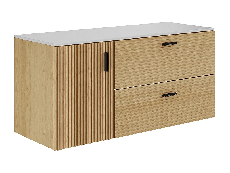 Meuble sous vasque suspendu strié avec planche - 1 porte et 2 tiroirs - Naturel clair - 120 cm - SARONE