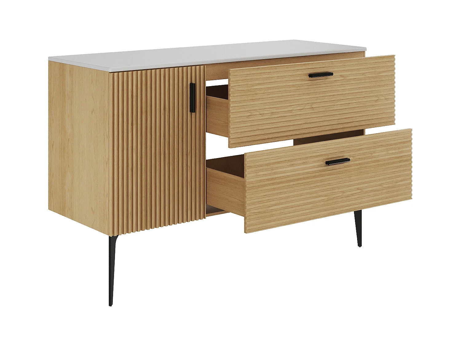 Meuble sous vasque strié sur pieds avec planche - 1 porte et 2 tiroirs - Naturel clair - 120 cm - SARONE