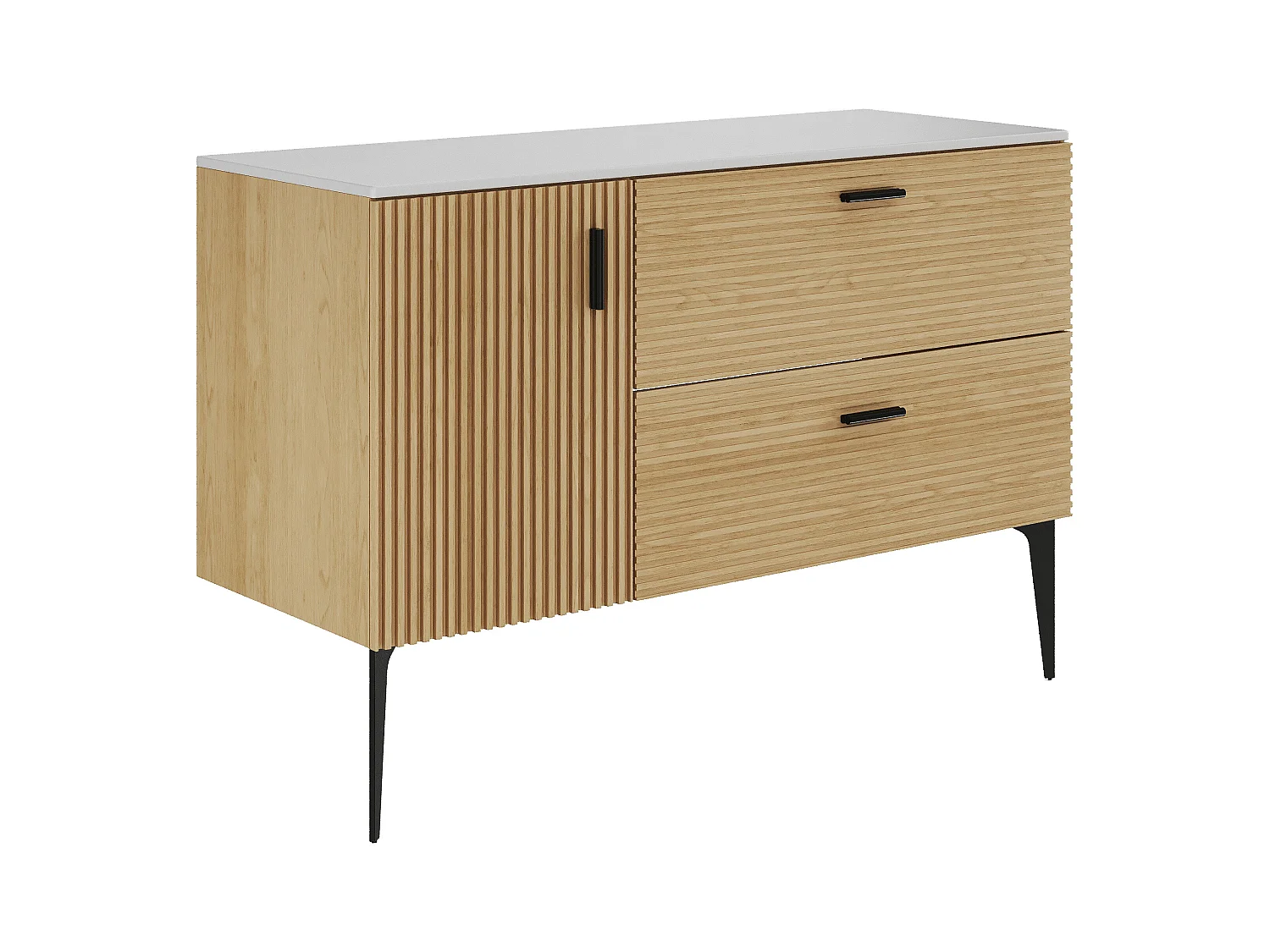 Meuble sous vasque strié sur pieds avec planche - 1 porte et 2 tiroirs - Naturel clair - 120 cm - SARONE