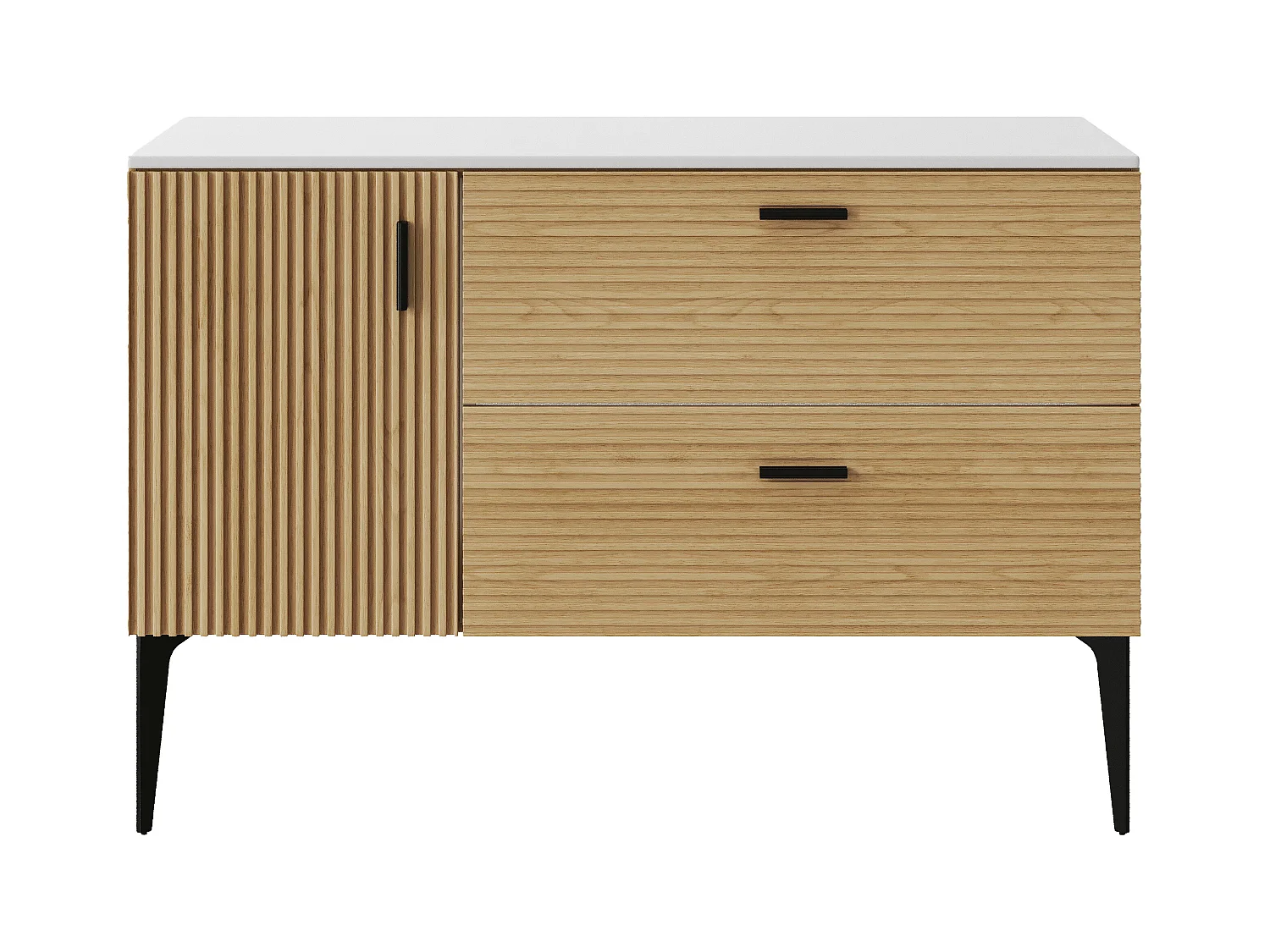 Meuble sous vasque strié sur pieds avec planche - 1 porte et 2 tiroirs - Naturel clair - 120 cm - SARONE