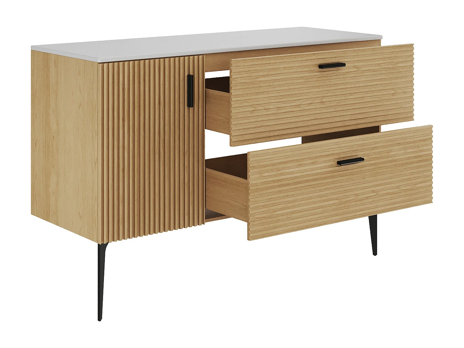 Meuble sous vasque strié sur pieds avec planche - 1 porte et 2 tiroirs - Naturel clair - 120 cm - SARONE