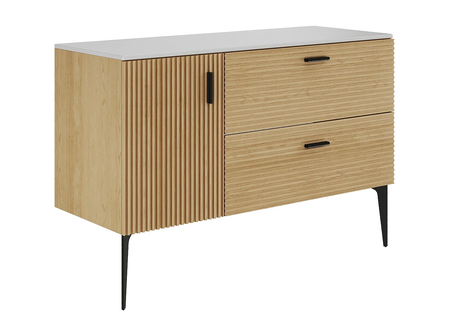 Meuble sous vasque strié sur pieds avec planche - 1 porte et 2 tiroirs - Naturel clair - 120 cm - SARONE