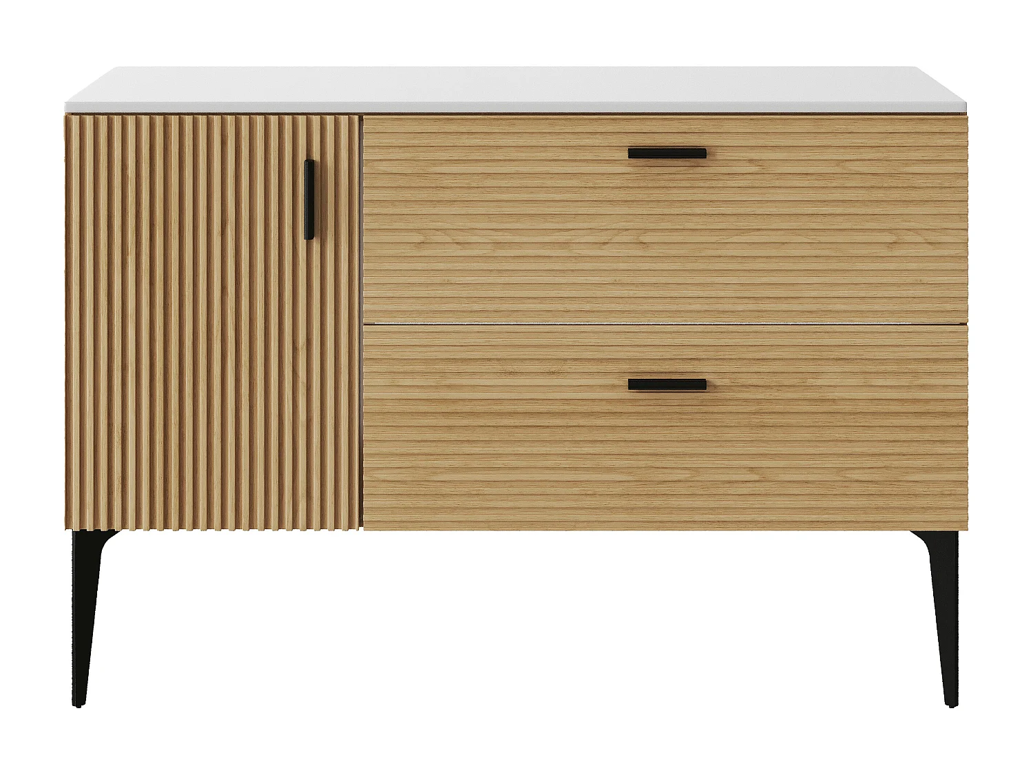 Meuble sous vasque strié sur pieds avec planche - 1 porte et 2 tiroirs - Naturel clair - 120 cm - SARONE