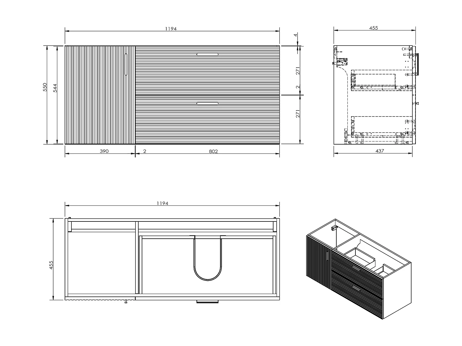 Meuble sous vasque strié sur pieds avec planche - 1 porte et 2 tiroirs - Naturel clair - 120 cm - SARONE
