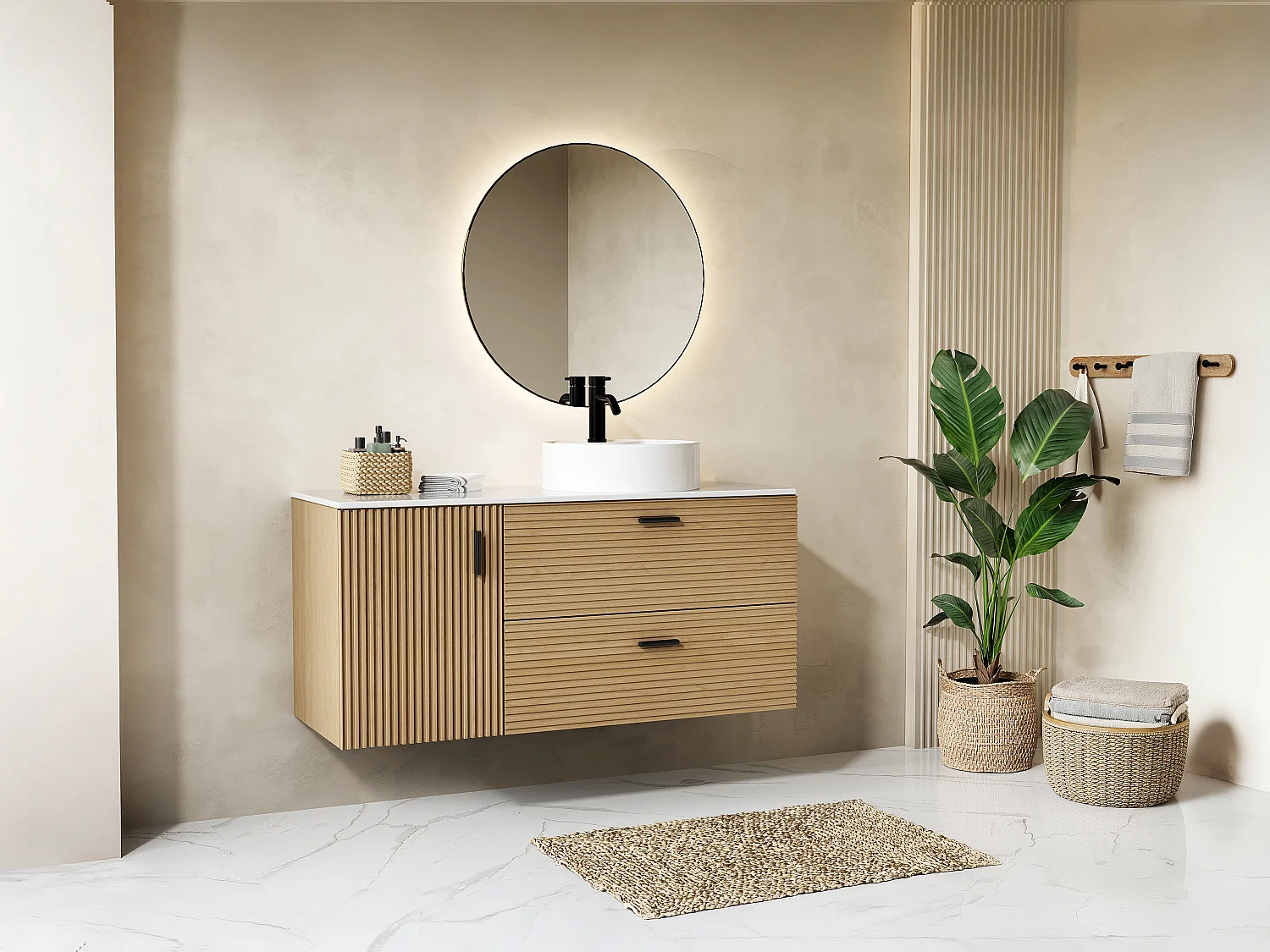 Meuble de salle de bain suspendu strié avec vasque à poser ronde - 1 porte et 2 tiroirs - Naturel clair - 120 cm - SARONE