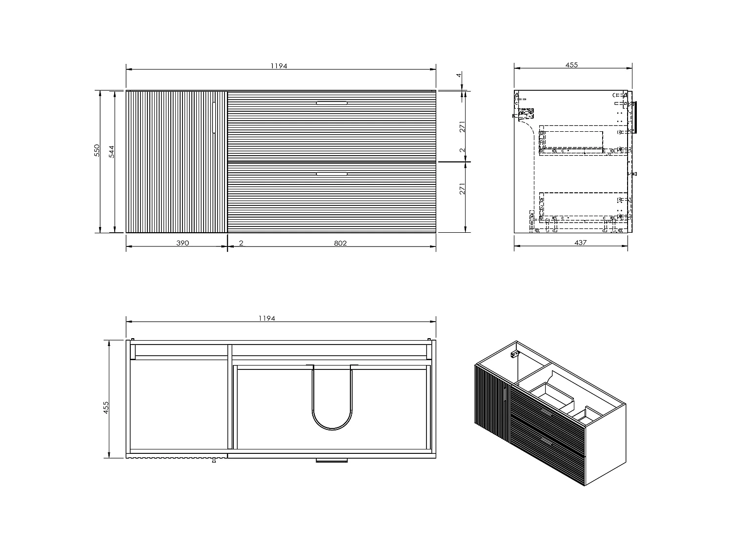 Meuble de salle de bain suspendu strié avec vasque à poser ronde - 1 porte et 2 tiroirs - Naturel clair - 120 cm - SARONE