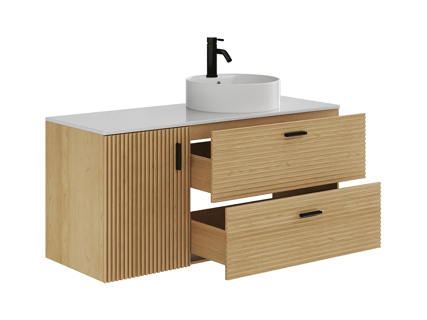 Meuble de salle de bain suspendu strié avec vasque à poser ronde - 1 porte et 2 tiroirs - Naturel clair - 120 cm - SARONE