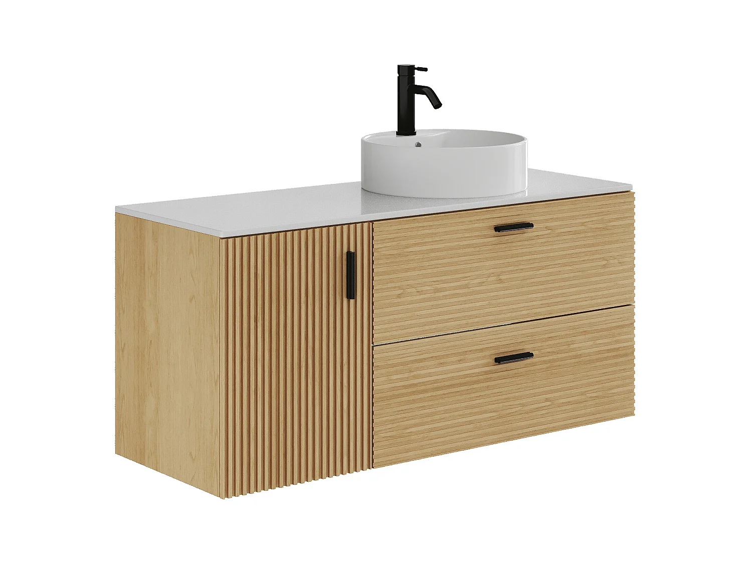 Meuble de salle de bain suspendu strié avec vasque à poser ronde - 1 porte et 2 tiroirs - Naturel clair - 120 cm - SARONE