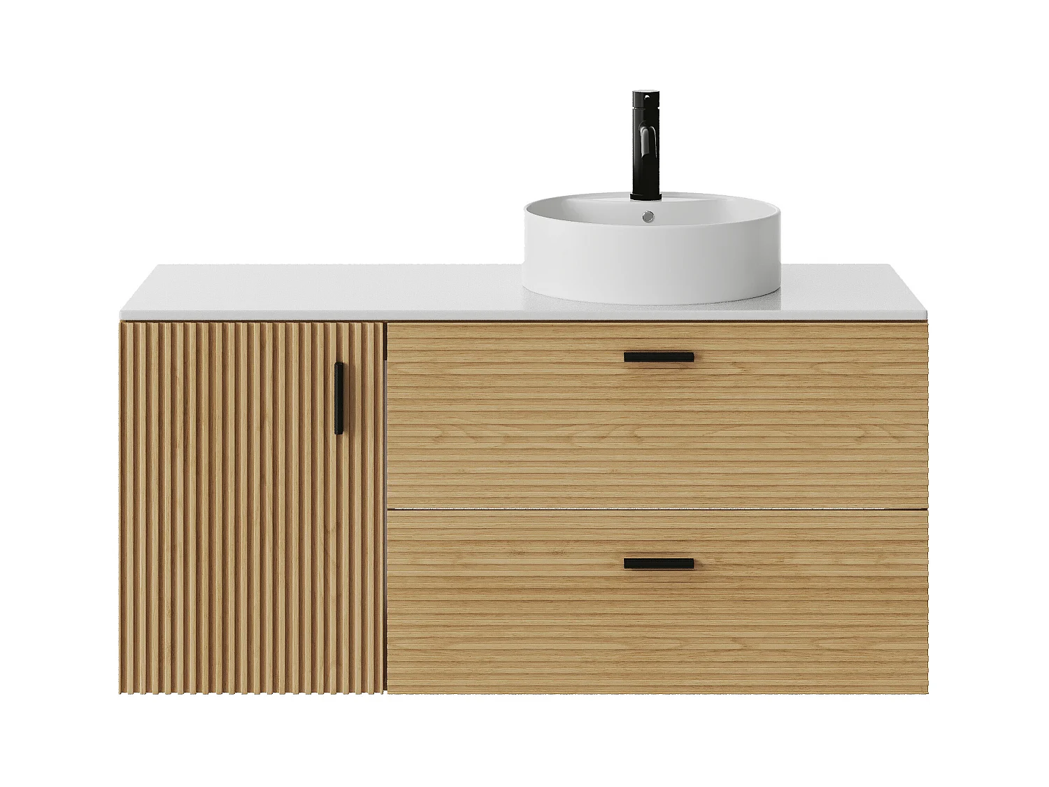 Meuble de salle de bain suspendu strié avec vasque à poser ronde - 1 porte et 2 tiroirs - Naturel clair - 120 cm - SARONE