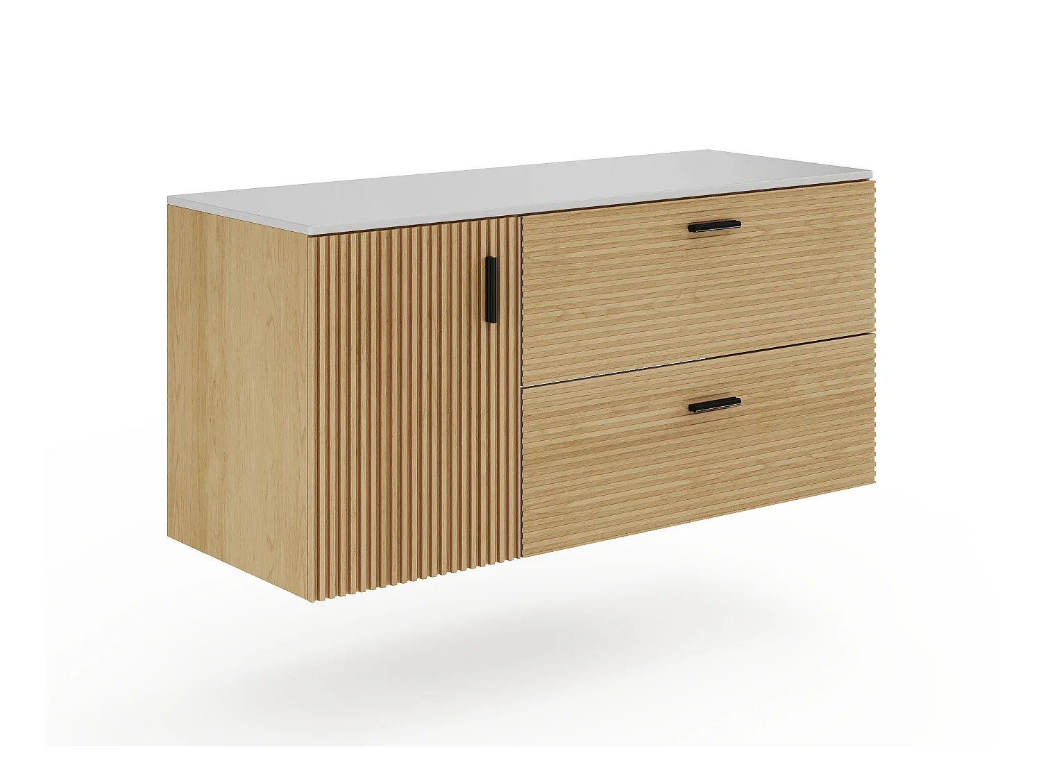 Meuble de salle de bain suspendu strié avec vasque à poser ronde - 1 porte et 2 tiroirs - Naturel clair - 120 cm - SARONE