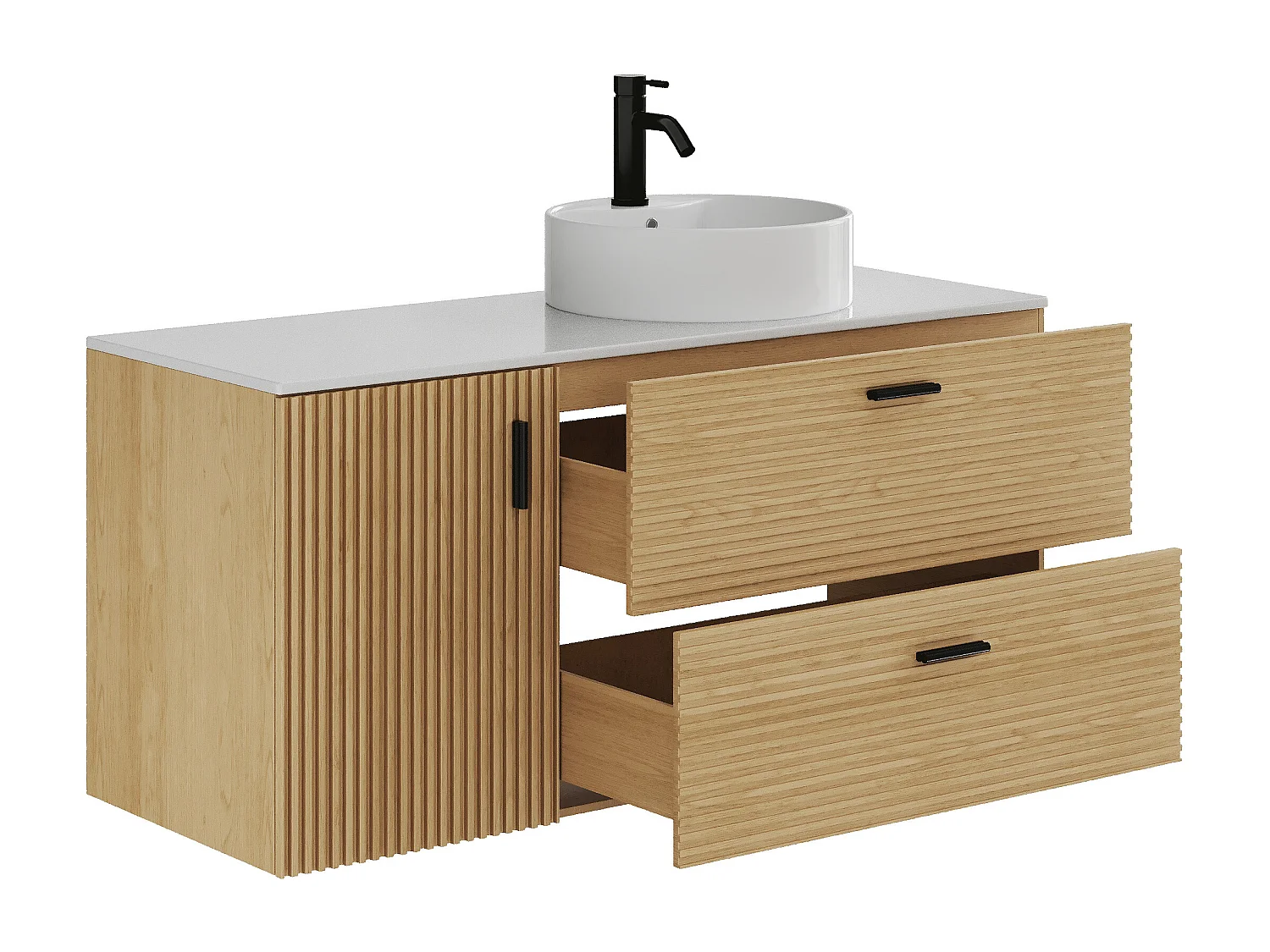 Meuble de salle de bain suspendu strié avec vasque à poser ronde - 1 porte et 2 tiroirs - Naturel clair - 120 cm - SARONE