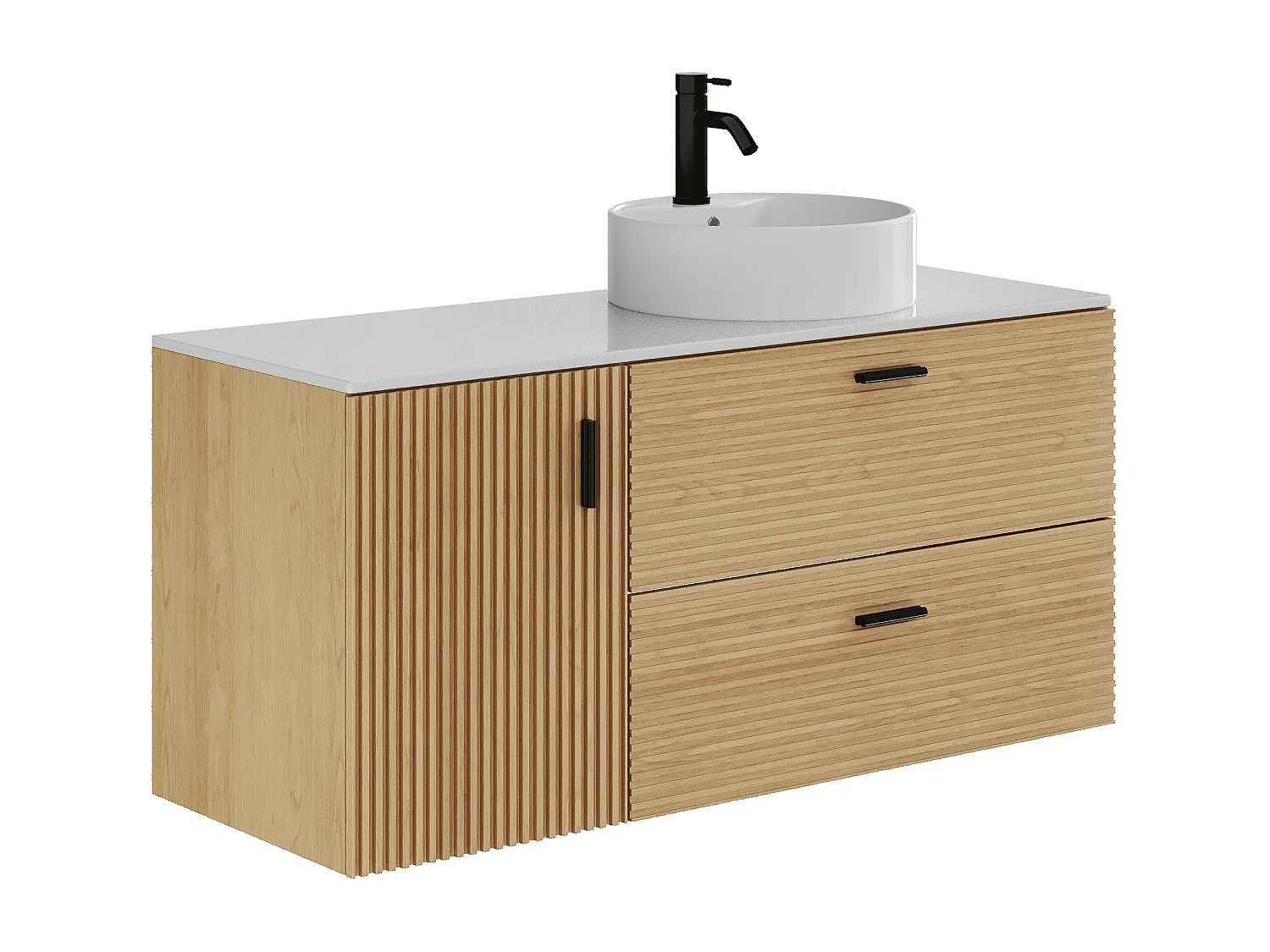 Meuble de salle de bain suspendu strié avec vasque à poser ronde - 1 porte et 2 tiroirs - Naturel clair - 120 cm - SARONE