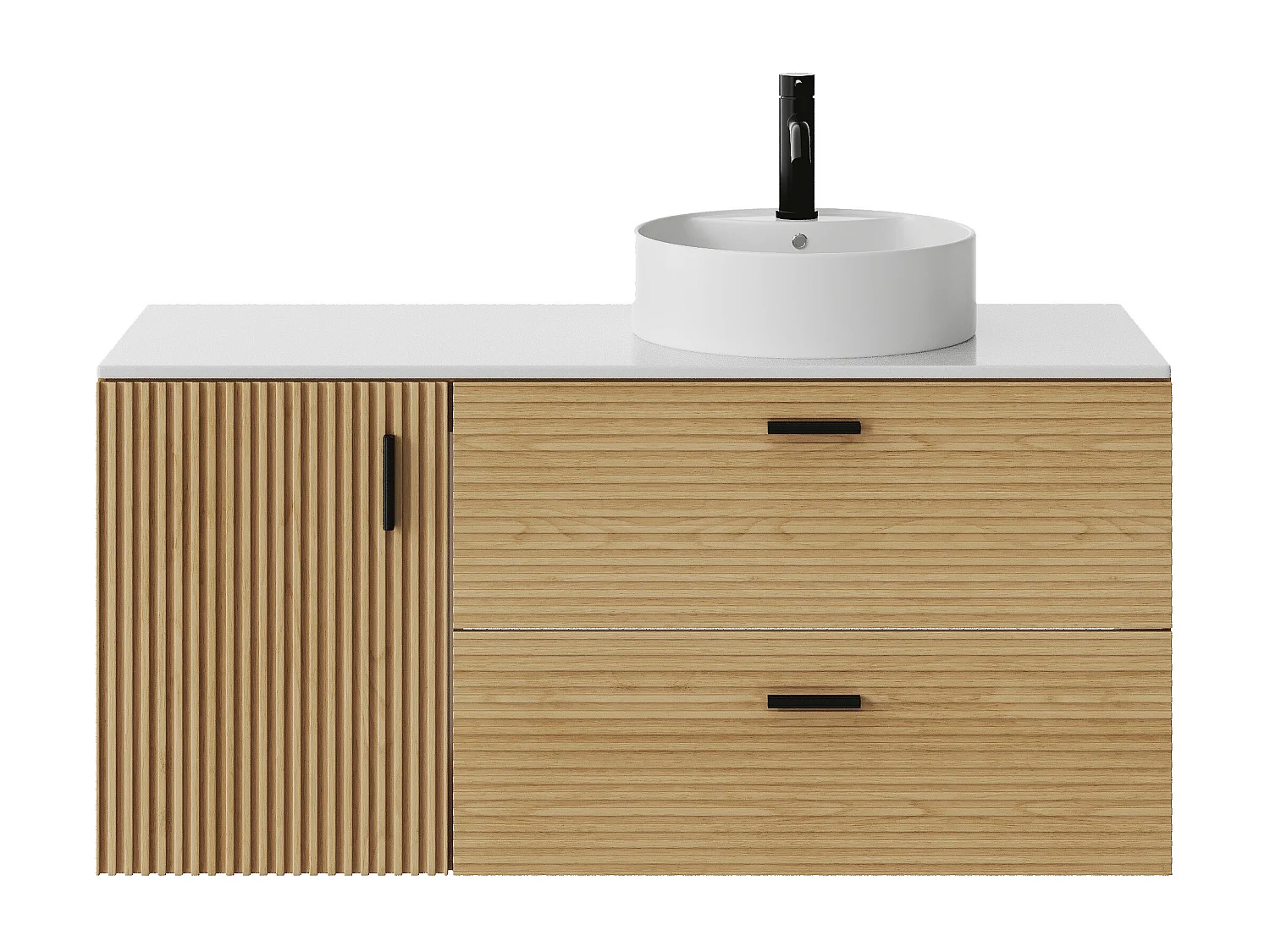 Meuble de salle de bain suspendu strié avec vasque à poser ronde - 1 porte et 2 tiroirs - Naturel clair - 120 cm - SARONE