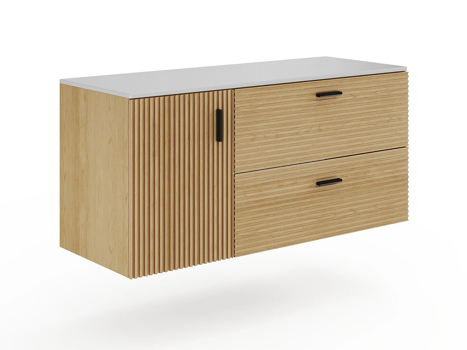 Meuble de salle de bain suspendu strié avec vasque à poser ronde - 1 porte et 2 tiroirs - Naturel clair - 120 cm - SARONE