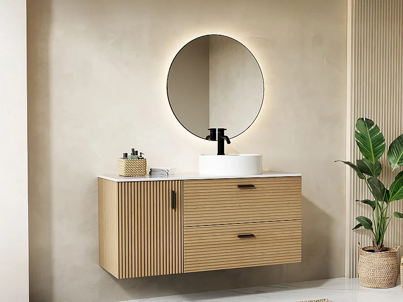 Mueble de baño suspendido veteado con lavabo sobre encimera redondo - 1 puerta y 2 cajones - Natural claro - 120 cm - SARONE