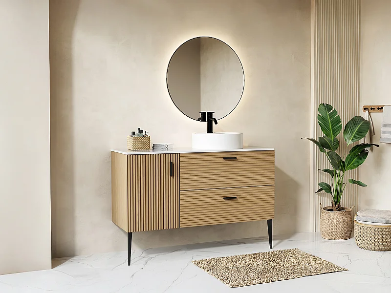Meuble de salle de bain strié sur pieds avec vasque à poser ronde - 1 porte et 2 tiroirs - Naturel clair - 120 cm - SARONE