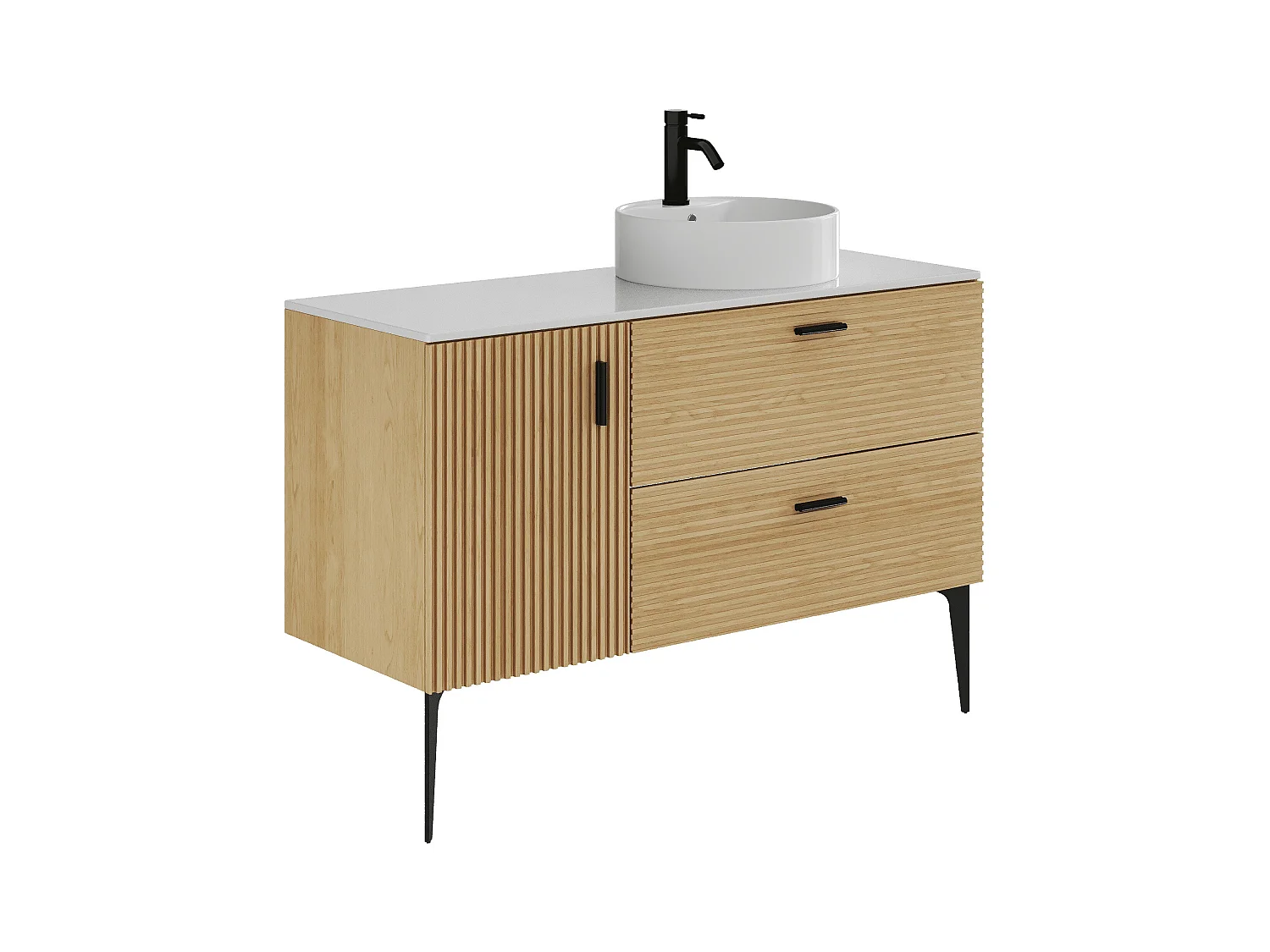 Mueble de baño estriado con patas y lavabo sobre encimera redondo - 1 puerta y 2 cajones - Natural claro - 120 cm - SARONE