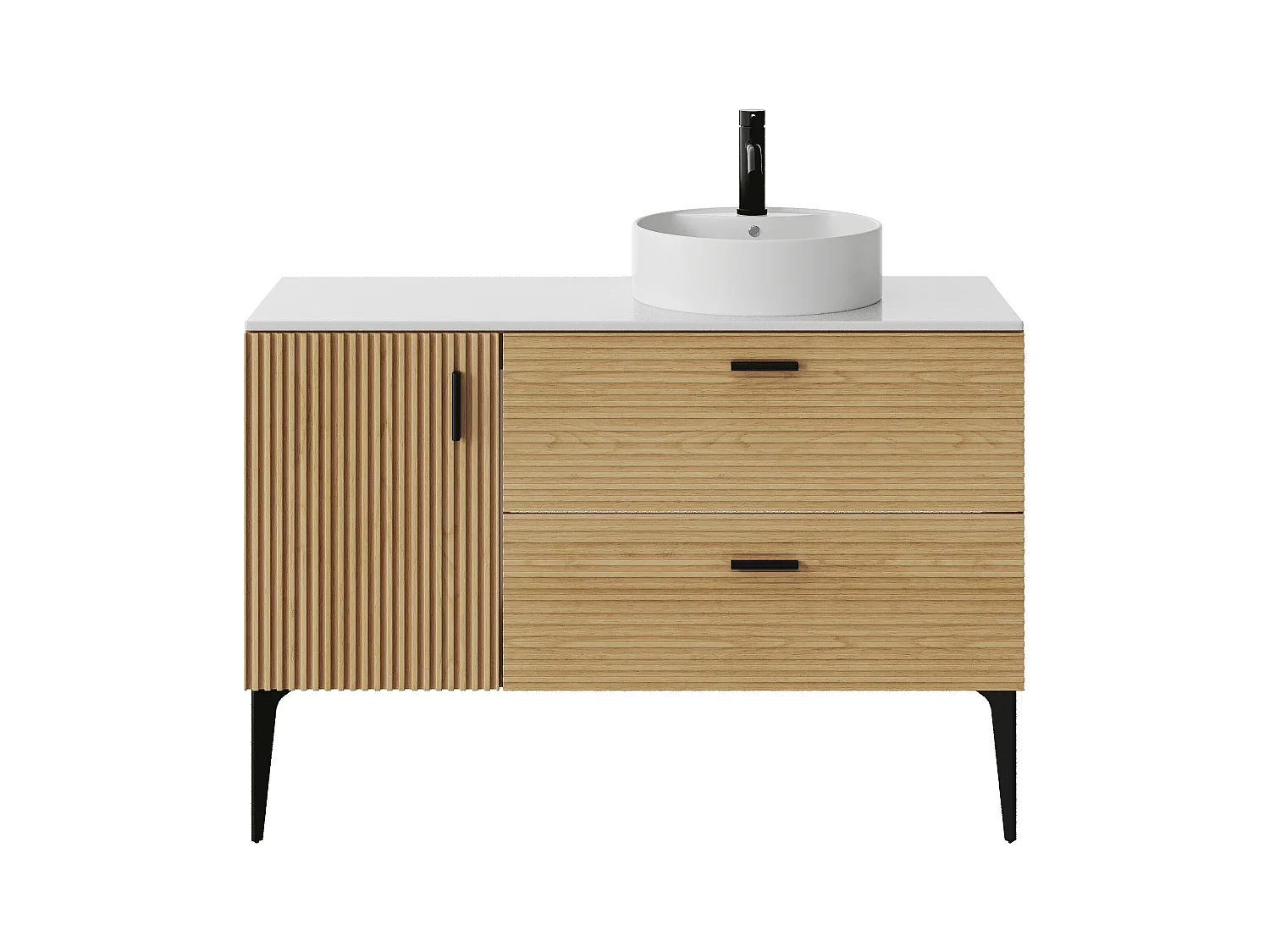 Mueble de baño estriado con patas y lavabo sobre encimera redondo - 1 puerta y 2 cajones - Natural claro - 120 cm - SARONE