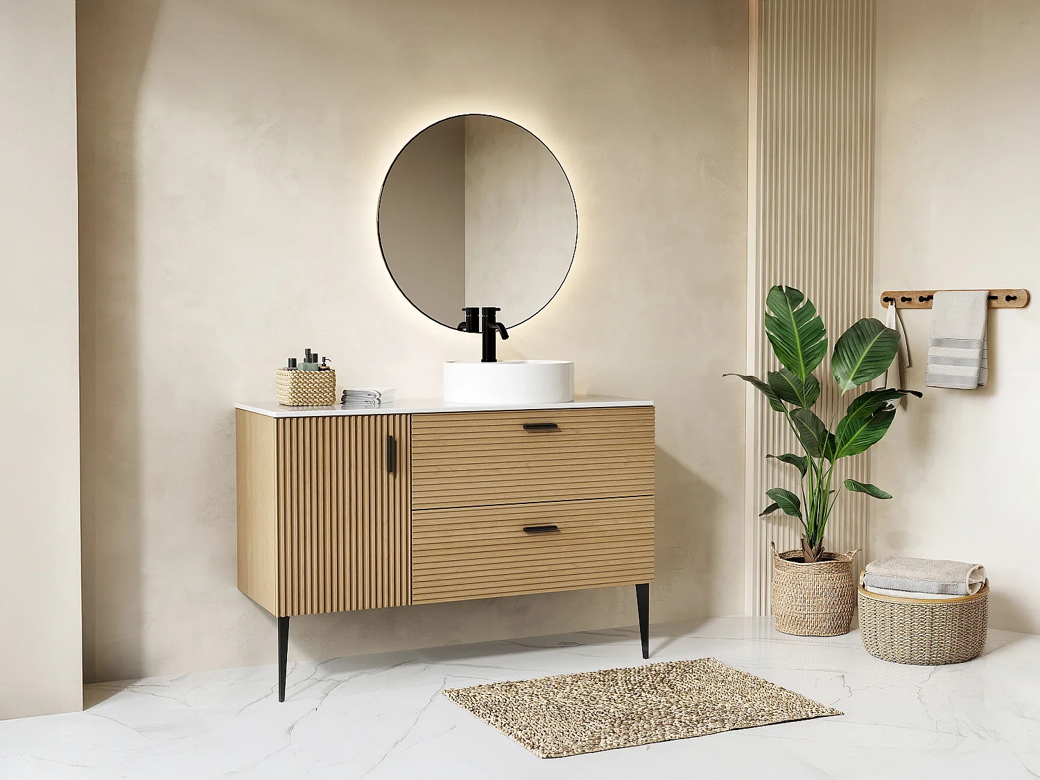 Móvel de casa de banho estriado com pés e lavatório de pousar redondo - 1 porta e 2 gavetas - Natural claro - 120 cm - SARONE