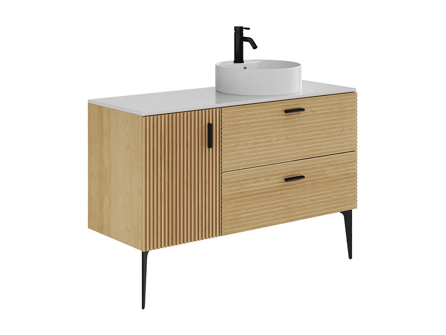 Mobile da bagno scanalato con piedini con lavabo da incasso rotondo - 1 porta e 2 cassetti - Naturale chiaro - 120 cm - SARONE