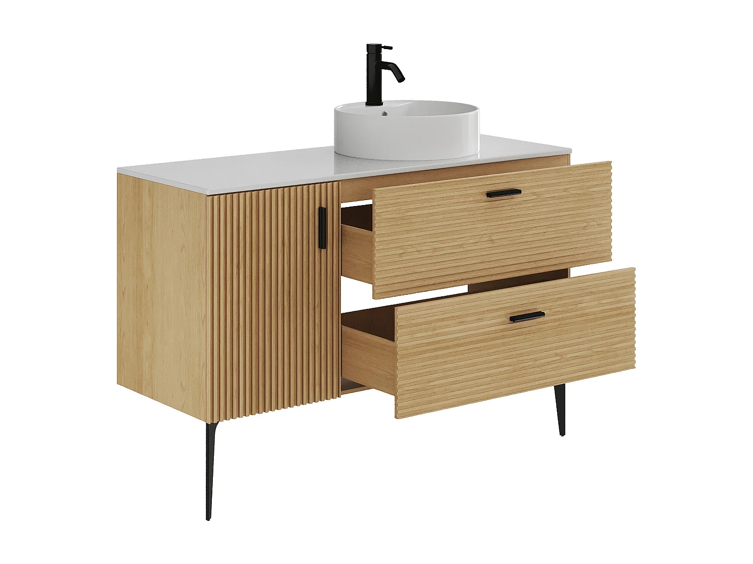 Mobile da bagno scanalato con piedini con lavabo da incasso rotondo - 1 porta e 2 cassetti - Naturale chiaro - 120 cm - SARONE