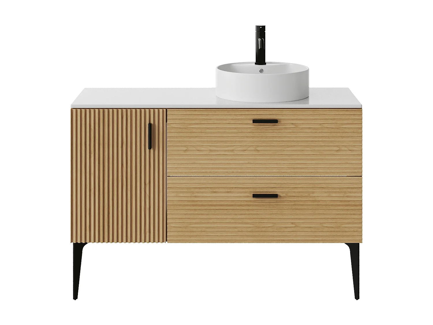 Mobile da bagno scanalato con piedini con lavabo da incasso rotondo - 1 porta e 2 cassetti - Naturale chiaro - 120 cm - SARONE