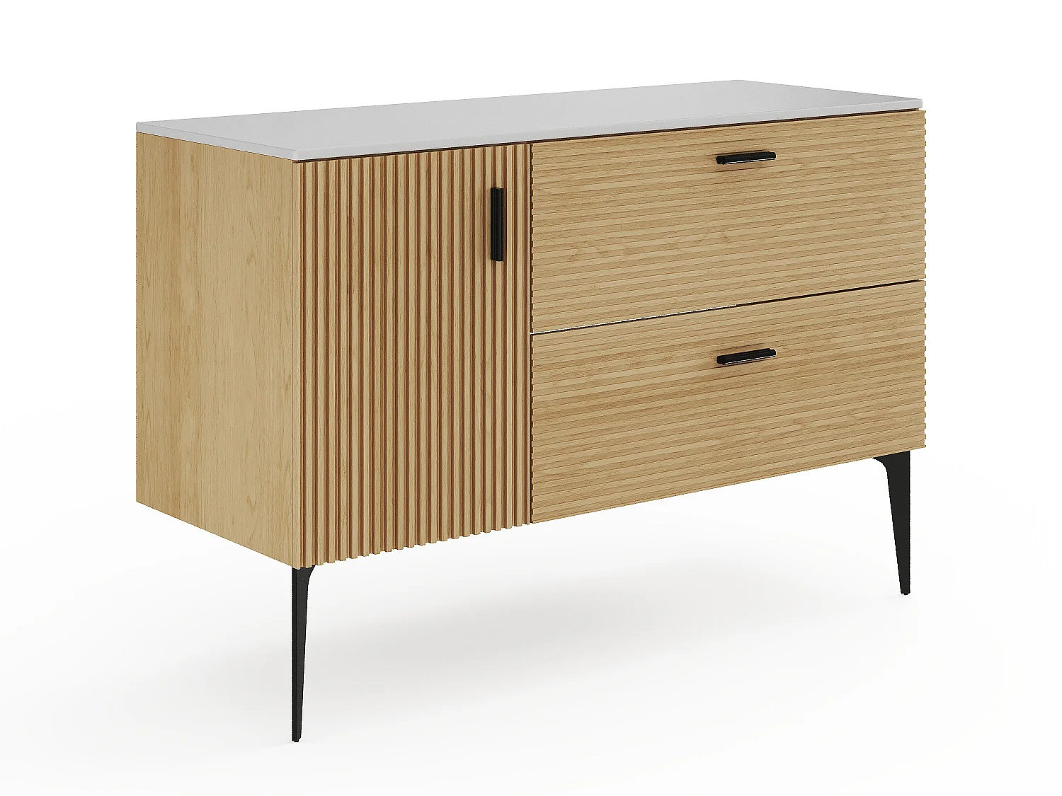 Mobile da bagno scanalato con piedini con lavabo da incasso rotondo - 1 porta e 2 cassetti - Naturale chiaro - 120 cm - SARONE